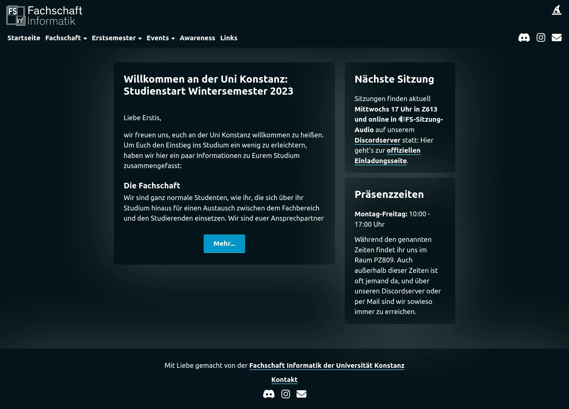 The new student council website in dark mode.