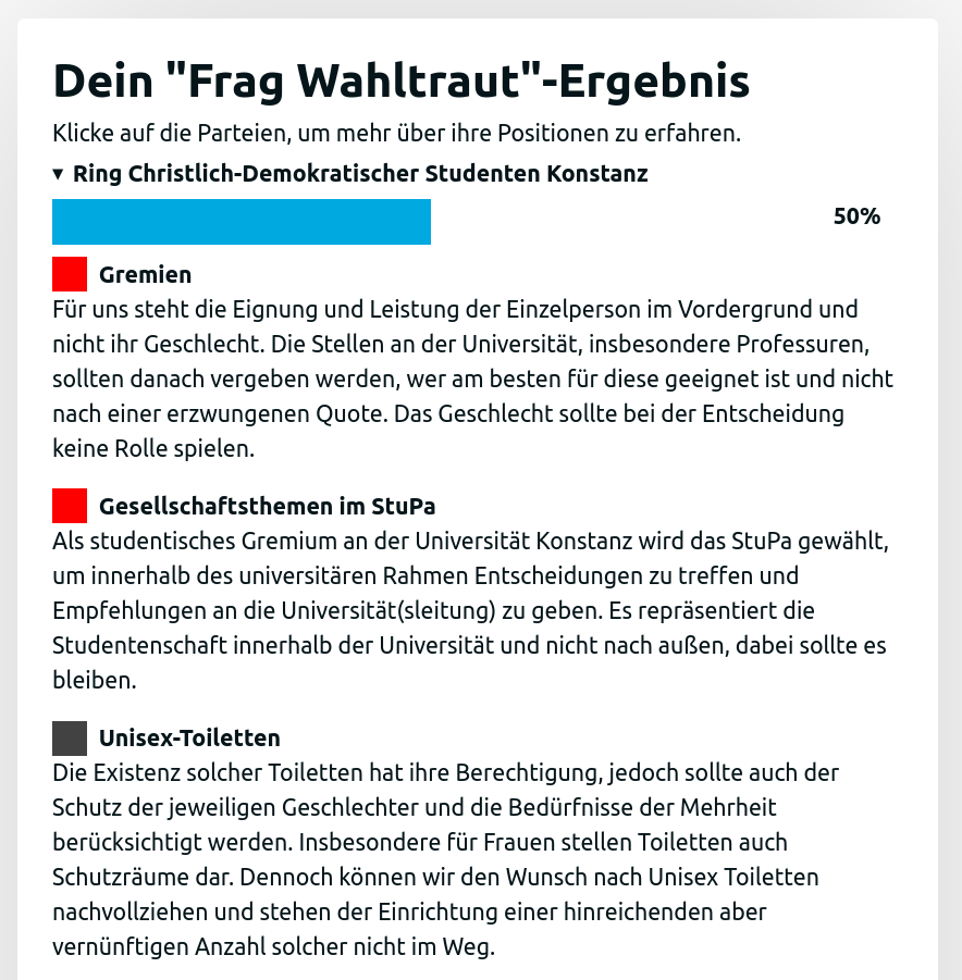 Result page of Frag Wahltraut with more information to the stances of a party